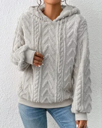 Pulover dama, pufos, cu gluga, tip hanorac, cu model elegant, gri deschis - L