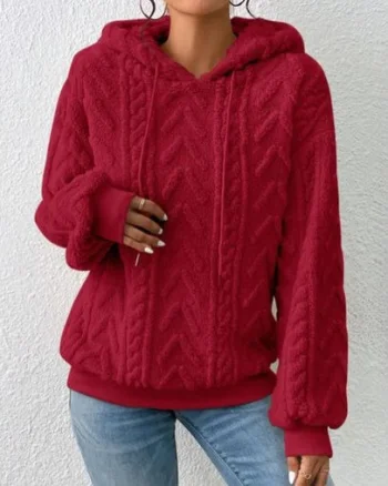Pulover dama, pufos, cu gluga, tip hanorac, cu model elegant, rosu inchis
