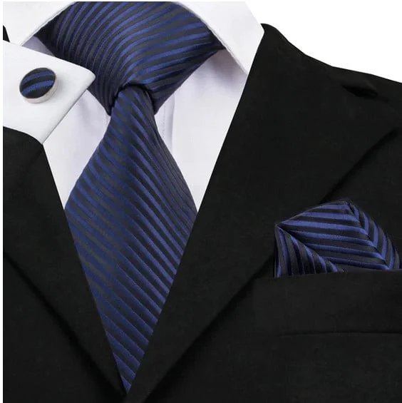 Set cravata bleumarin + batista + butoni - matase - model 347
