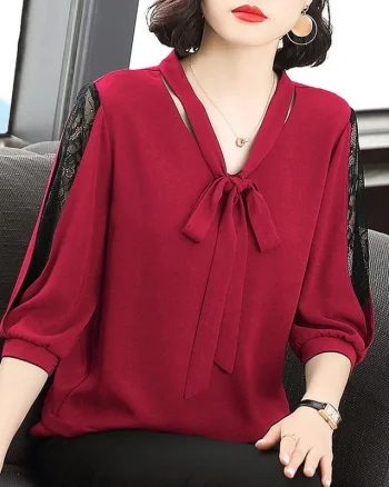 Bluza rosie eleganta cu voal brodat inserat, model 144