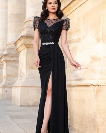 Rochie de seara pretioasa Angie neagra cu paiete si trena pe o parte