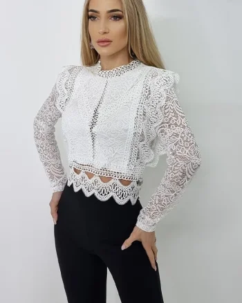 Camasa Ryna, cu maneci lungi, din dantela, Alb, Marime S/M