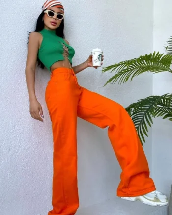 Blugi mom fit Simons, evazati, fara elastan, Orange