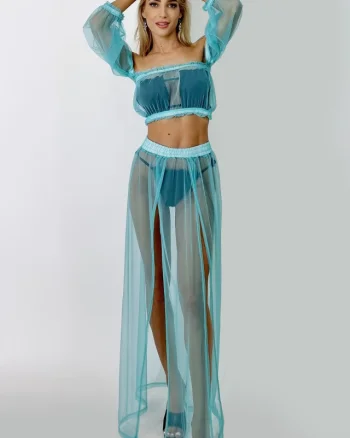 Compleu plaja Naila, din plasa, cu fusta si top scurt, Turquoise, Marime universala S/M