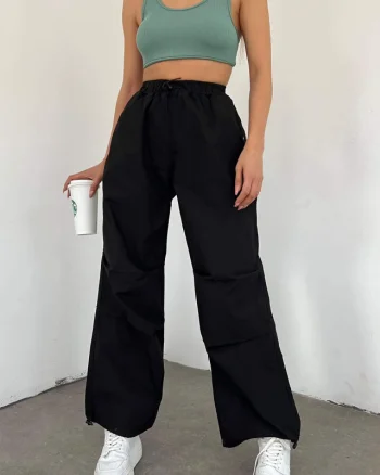 Pantaloni dama Force, croiala cargo, oversize, cu snur reglabil in talie si la baza piciorului, Negru