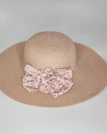 Palarie de plaja Ribbon Flower, din paie, panglica cu imprimeu si floare decorativa, Roz pal