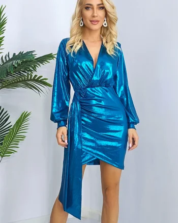 Rochie de ocazie Glena, cu aspect metalic si detaliu asimetric, Albastru, Marime S/M