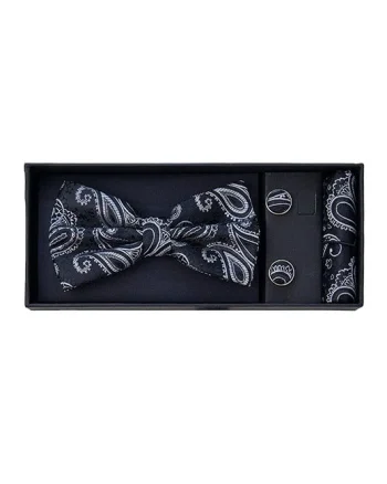 Set 3 piese Mistery, pentru barbati, papion, butoni si batista din stofa, negru cu imprimeu alb , MS109