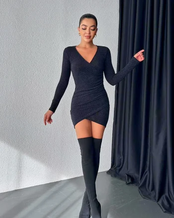 Rochie eleganta Liuba, cu croiala asimetrica, bodycon si fronseuri, Negru