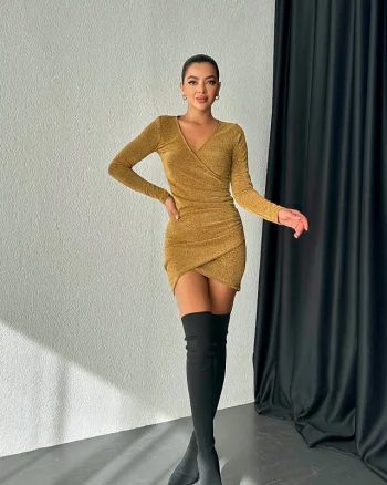 Rochie eleganta Liuba, cu croiala asimetrica, bodycon si fronseuri, Auriu
