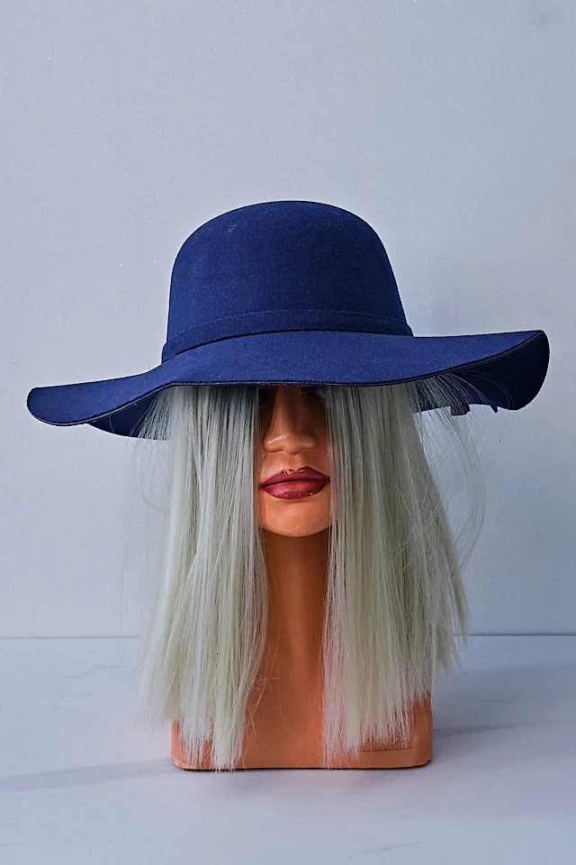 Palarie dama Vintage, cu bor lat si fundita, Bleumarin