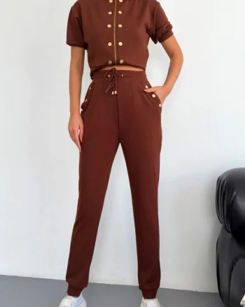 Compleu casual NonCom, bluza lejera cu maneca scurta si pantaloni cu snur, Maro