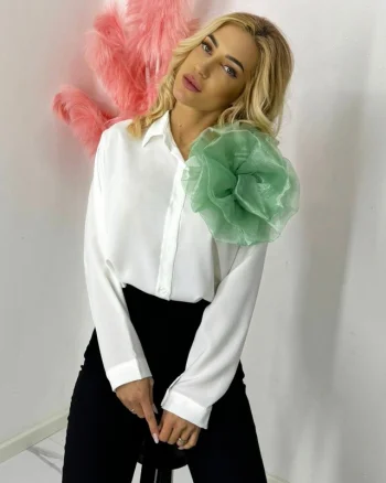 Camasa office Alizee, cu accesoriu floral din organza, Alb/Verde, Marime S/M