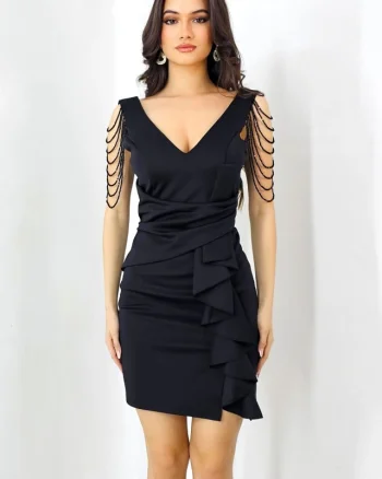 Rochie eleganta Larisa, cu siraguri din cristale si falduri decorative, Negru