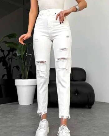 Blugi mom slimfit Mauris, cu perforatii ample pe linia piciorului, Alb