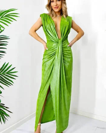 Rochie eleganta Ilaria, croiala cu fronseuri si decolteu adanc, Verde deschis metalizat, Marime S/M