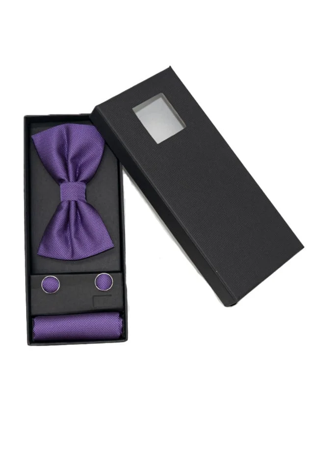 Set 3 piese Elegant, pentru barbati, papion, buton si batista din stofa, mov, EG011