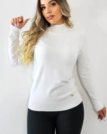 Pulover pe gat Rona, cu bumbac si casmir, Alb, Marime S/M