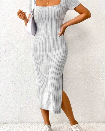 Rochie casual FeeL tricot ALIZA, cu slit lateral si maneca scurta, Gri