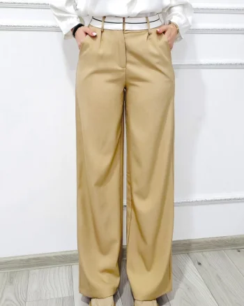 Pantaloni casual Kimchi, croiala larga si banda contrastanta, doua nuante, Bej, Marime S/M