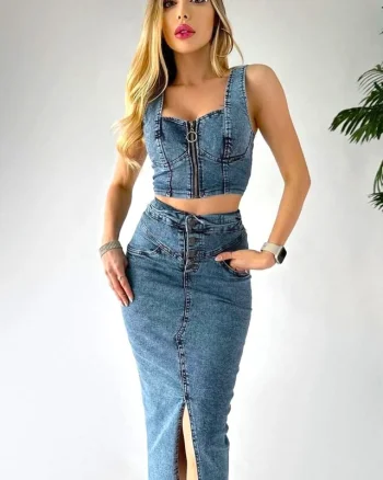 Compleu denim MigheL, cu fusta lunga crapata si bustiera cu fermoar, Albastru