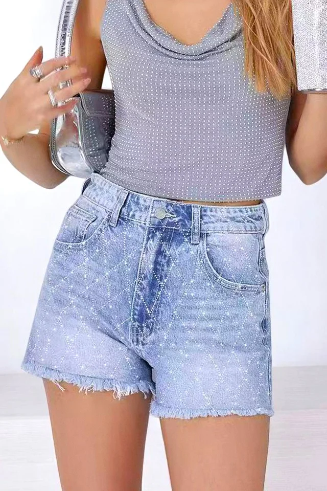 Pantaloni scurti de blugi OXAKA, cristale aplicate geometric si franjuri, Albastru zapada