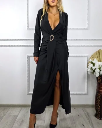 Rochie lunga de seara Nefertiti, cu detaliu metalic in talie, Negru, Marime S/M