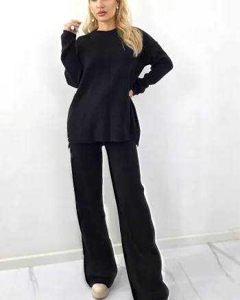 Compleu cu lana ELETRA, bluza lunga, cristale si pantaloni lejeri, Negru, Marime M/L