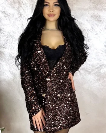 Sacou cambrat tip rochie Yvanna, cu paiete, Maro Ciocolata, Marime S/M