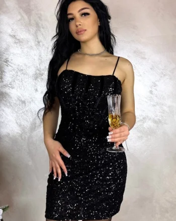 Rochie scurta de ocazie LUMY, paiete si cupe buretate, Negru, Marime S/M