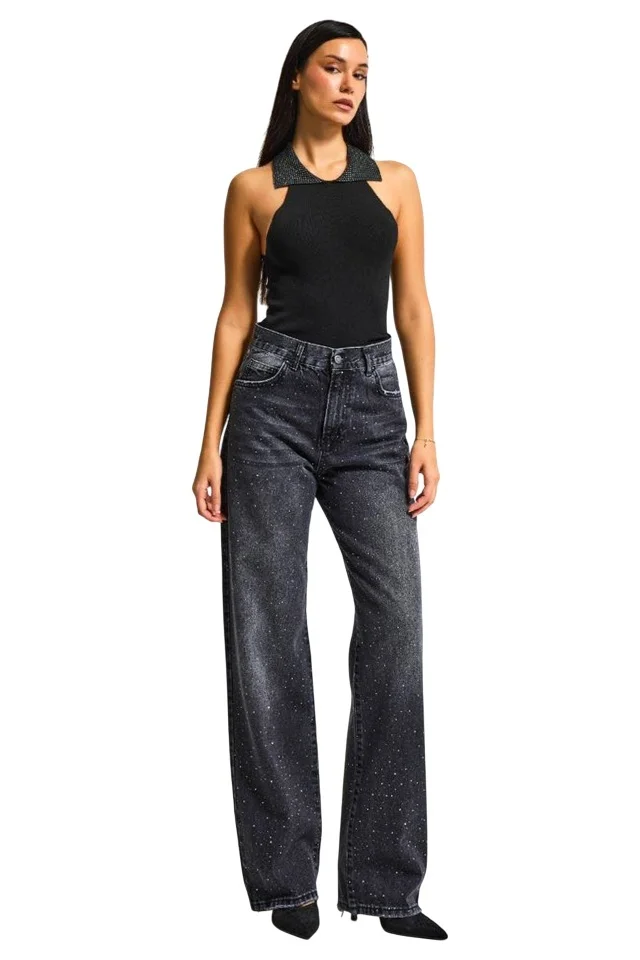Blugi prespalati Luneth, croiala loose fit oversize cu cristale aplicate, Negru