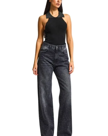 Blugi prespalati Luneth, croiala loose fit oversize cu cristale aplicate, Negru