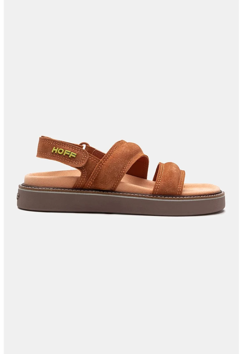Sandale din piele intoarsa cu logo, Maro cognac/Galben murdar