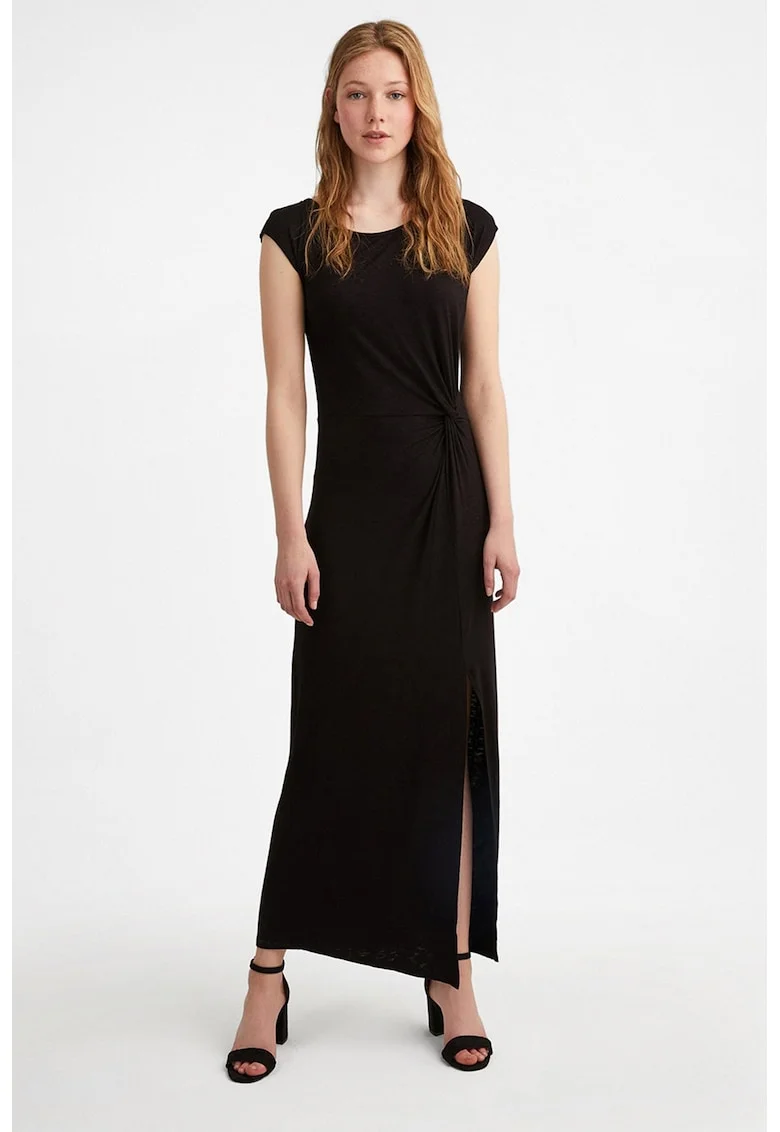 Rochie maxi cu slit lateral si fronseuri, Negru