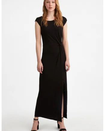 Rochie maxi cu slit lateral si fronseuri, Negru
