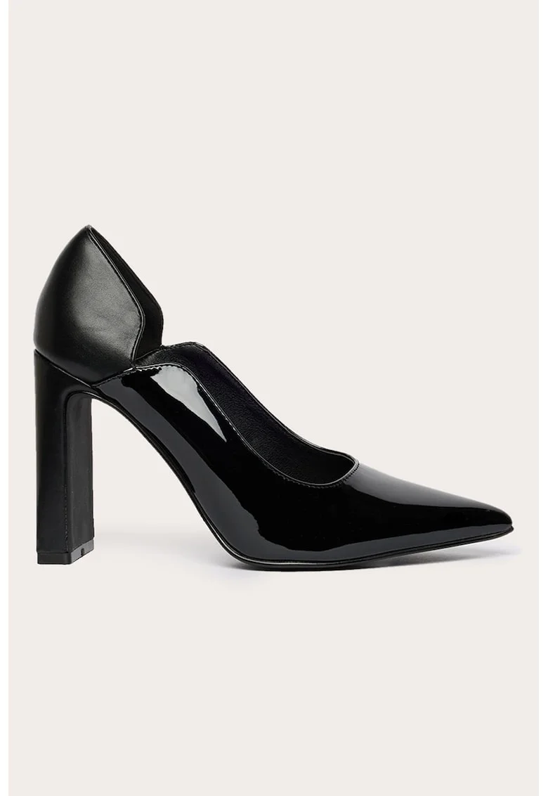 Pantofi de piele ecologica cu toc masiv, Negru