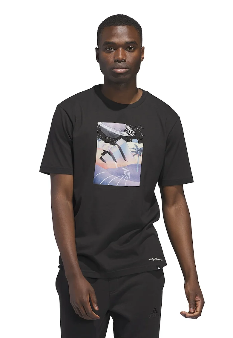 Tricou cu decolteu la baza gatului si imprimeu frontal All Day, Negru