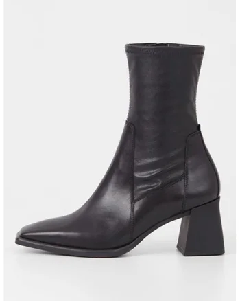 Botine de piele cu varf patrat, Negru