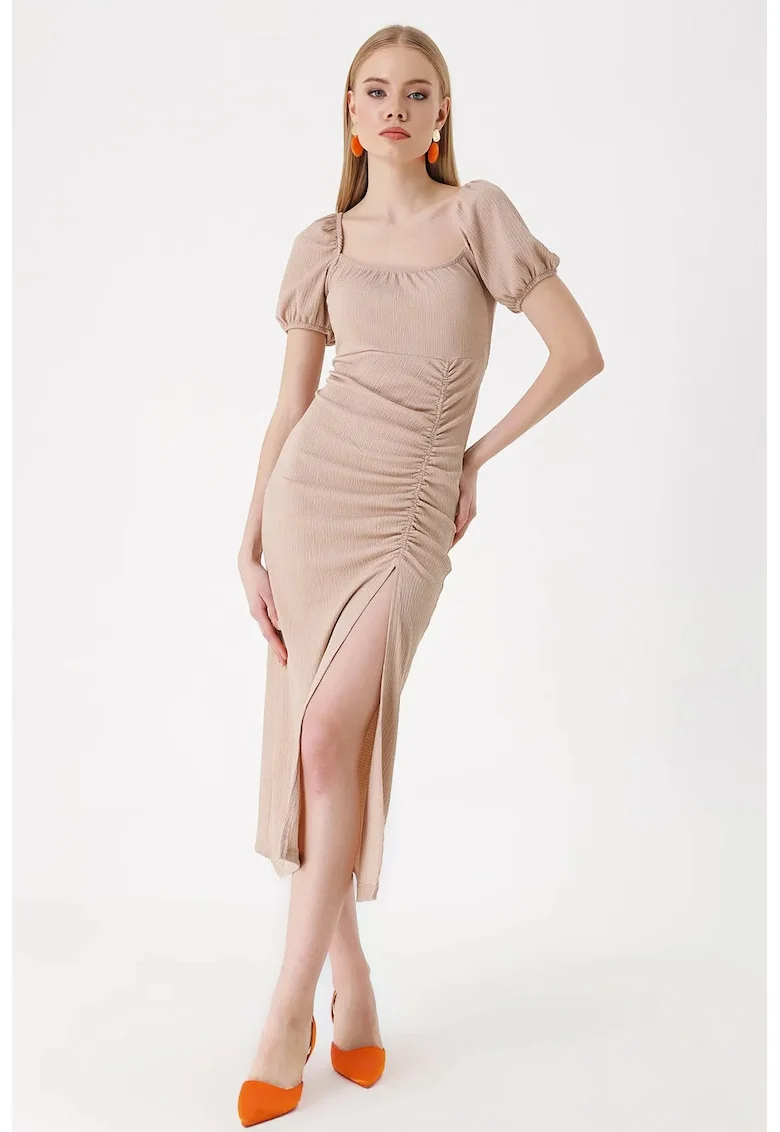 Rochie midi tricotata dama HiCCUP, decolteu patrat, poliester/lycra, bej