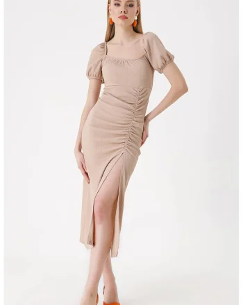 Rochie midi tricotata dama HiCCUP, decolteu patrat, poliester/lycra, bej