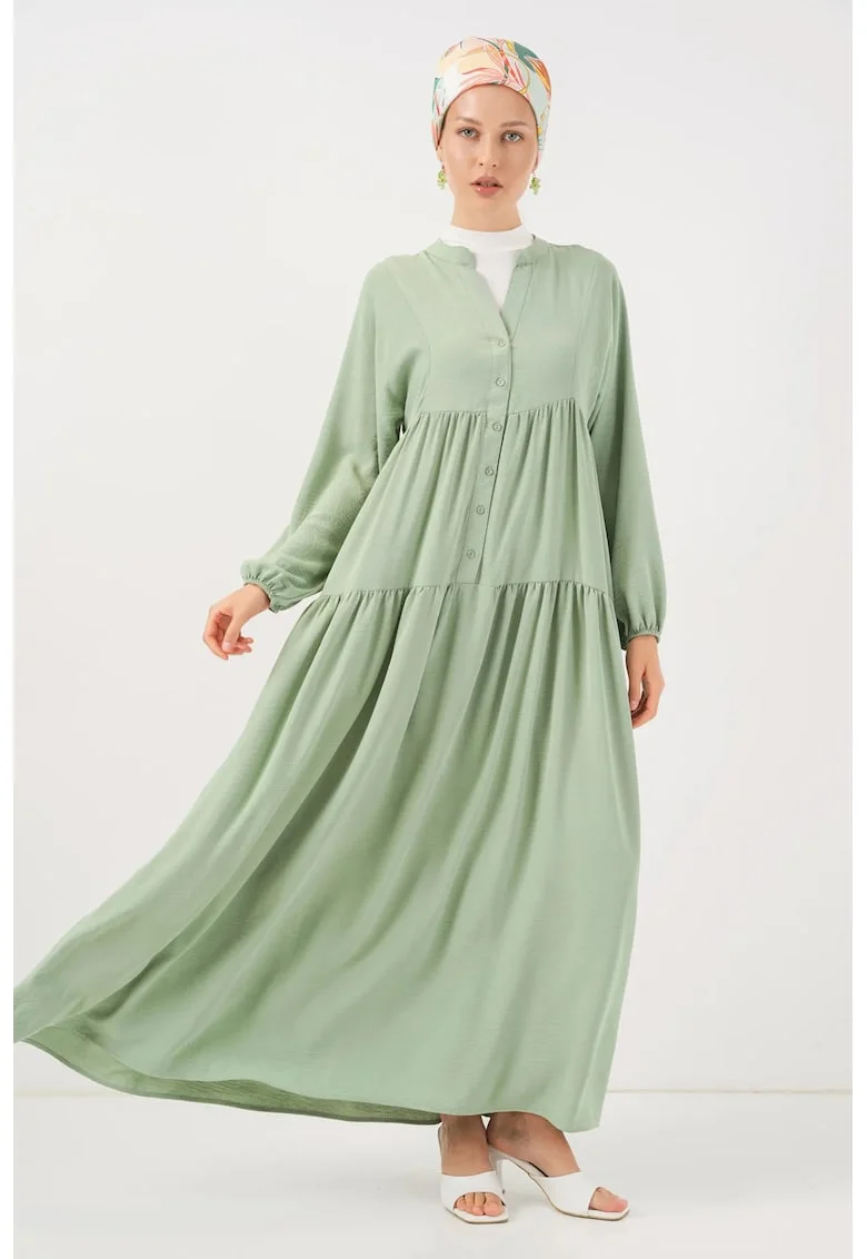 Rochie maxi, HiCCUP, decolteu in V, croiala lejera, verde, textil
