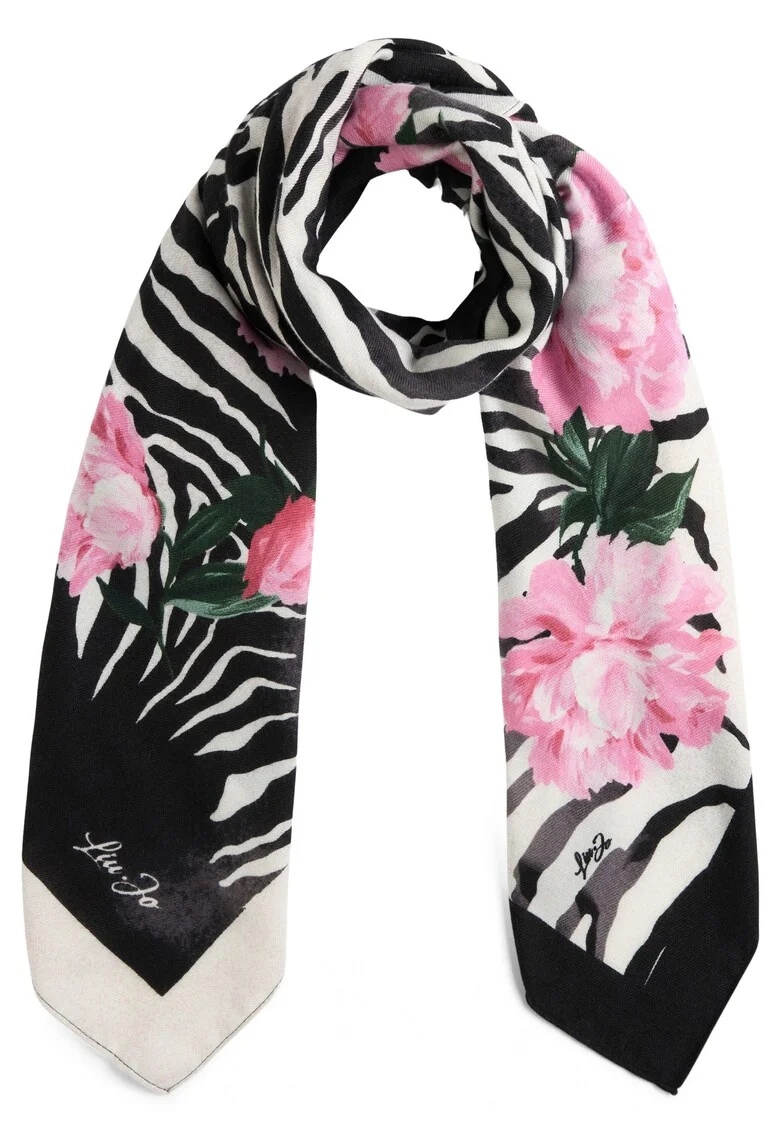 Esarfa cu model floral, Negru/Roz