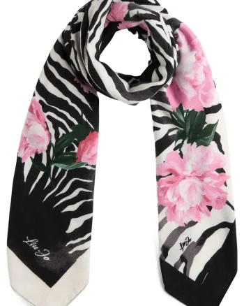 Esarfa cu model floral, Negru/Roz