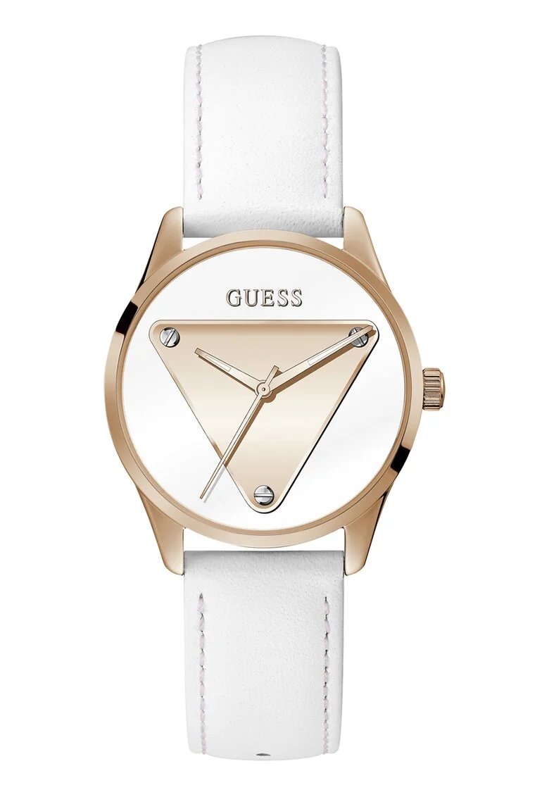 Ceas analog cu o curea din piele, Auriu rose/Alb
