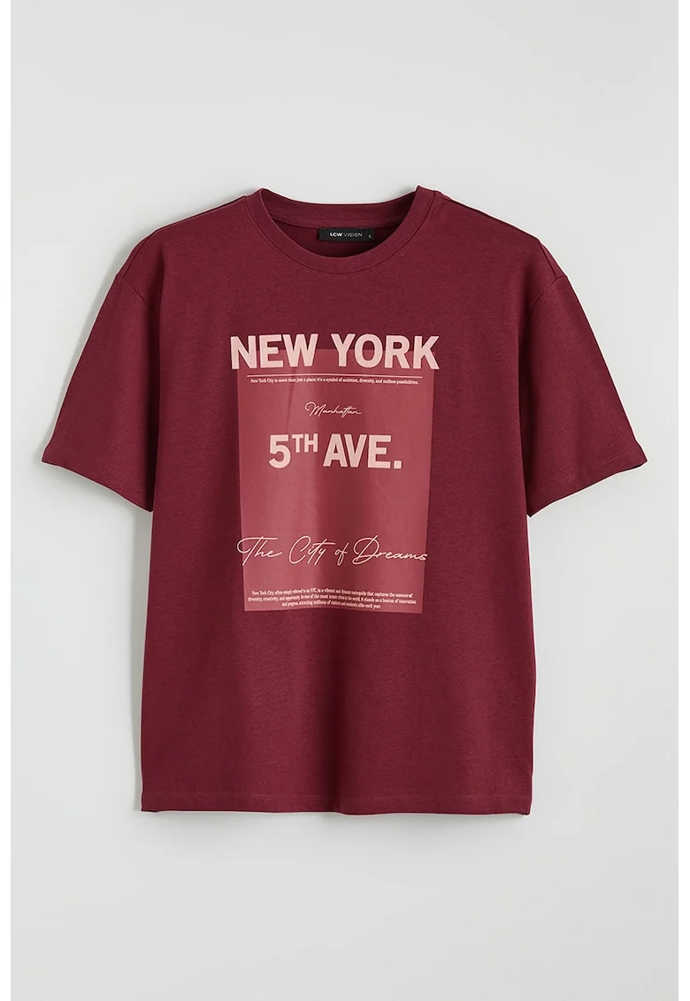 Tricou cu imprimeu si decolteu la baza gatului, Visiniu
