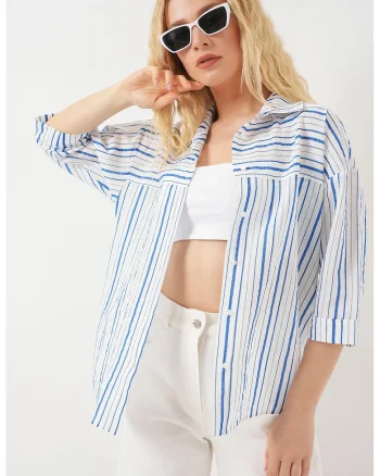 Camasa dama,  din poplin, maneci trei sferturi, bumbacdwqf, Albastru