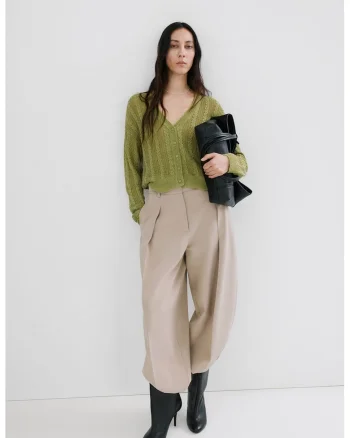 Cardigan cu decolteu in V si model torsade, Verde sparanghel