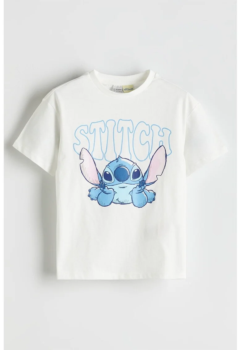 Tricou din bumbac cu imprimeu cu Stitch, Albastru pastel/Alb murdar