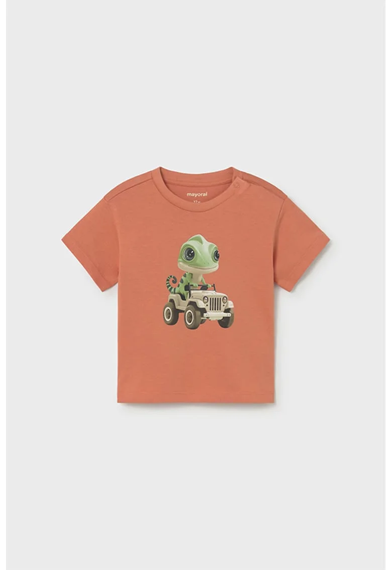 Tricou de bumbac cu imprimeu frontal, Portocaliu persan/Verde fistic