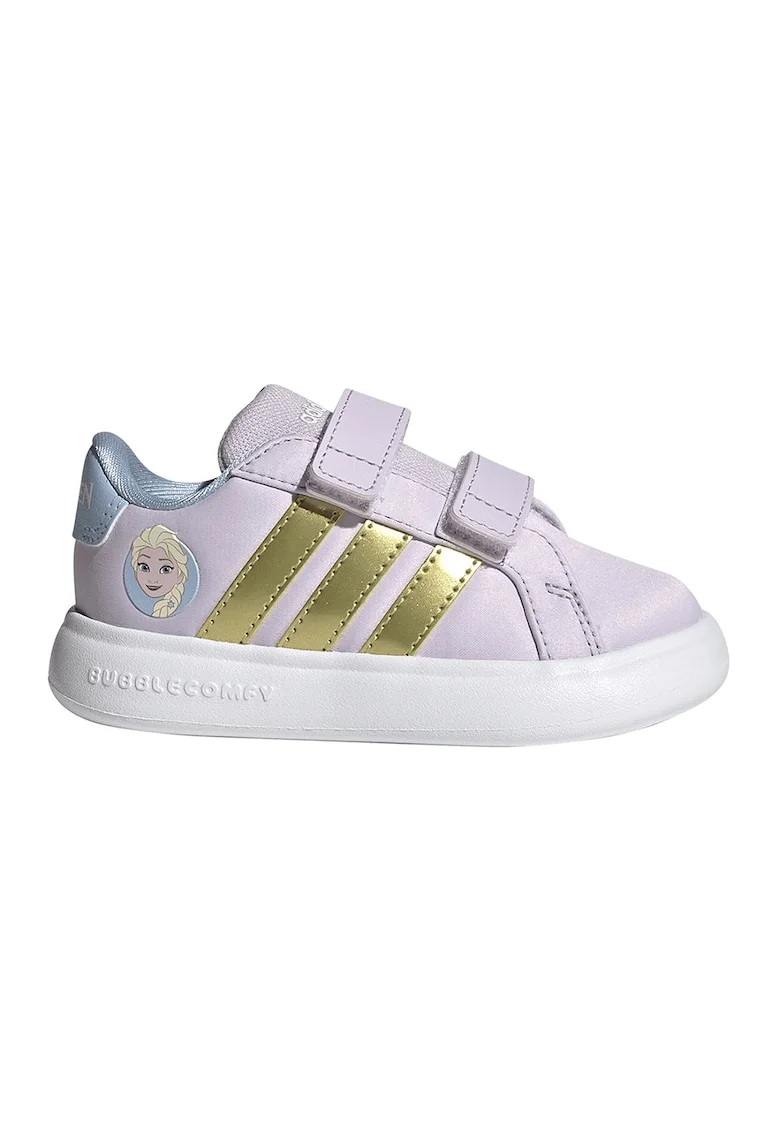 Pantofi sport Grand Court din piele ecologica cu velcro si imprimeu desene animate, Auriu/Lila
